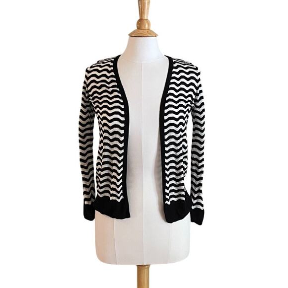 LOFT Lightweight Black & White Wavy Stripe Open Front Cardigan Sweater, XSP - Picture 1 of 13